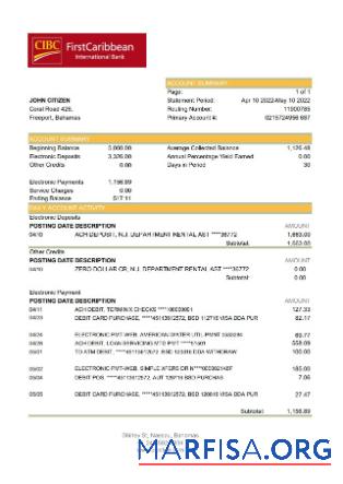 Realistic Bahamas FirstCaribbean International Bank bank statement excel template